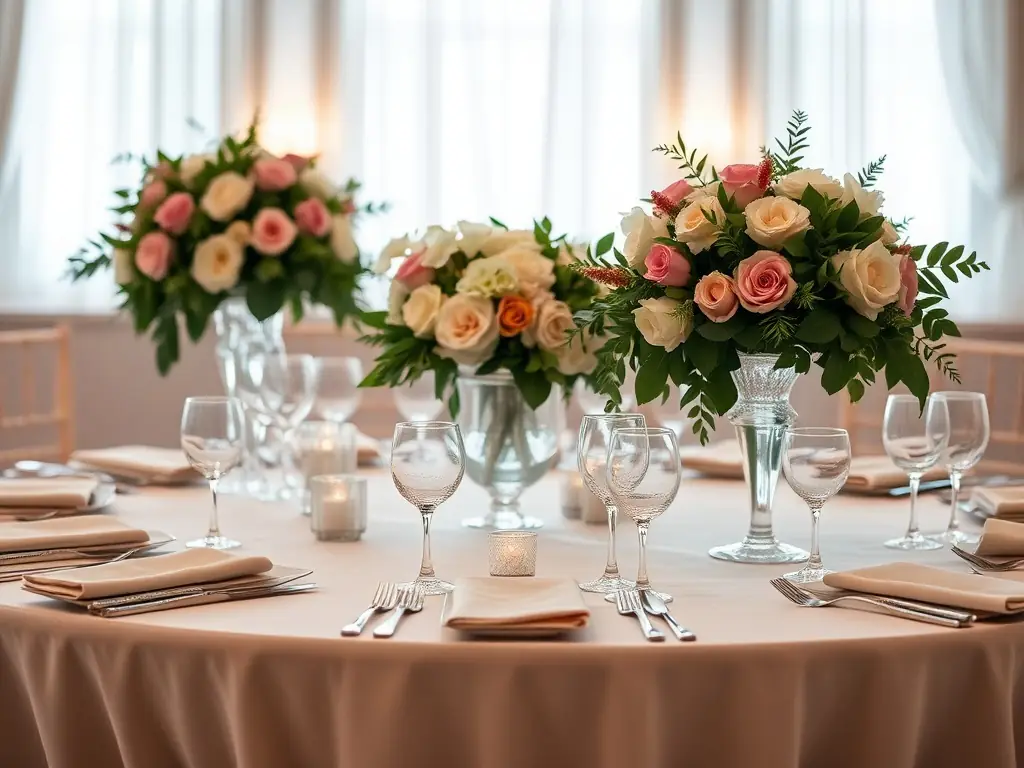 A photograph showcasing a beautifully decorated wedding venue, highlighting the elegant floral arrangements and sophisticated table settings, reflecting Noble Event Designs' attention to detail.