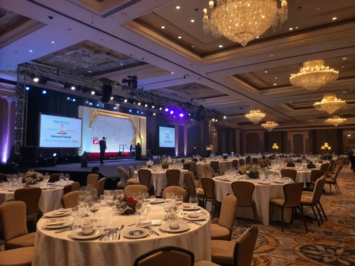 A corporate event with a professional setup, including presentation screens, elegant table arrangements, and attendees networking, highlighting Noble Event Designs' ability to deliver stylish and engaging corporate events.