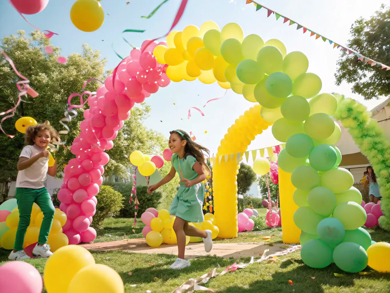 A vibrant birthday party setup with colorful decorations, themed entertainment, and happy guests, reflecting Noble Event Designs' commitment to fun and family-friendly birthday celebrations.