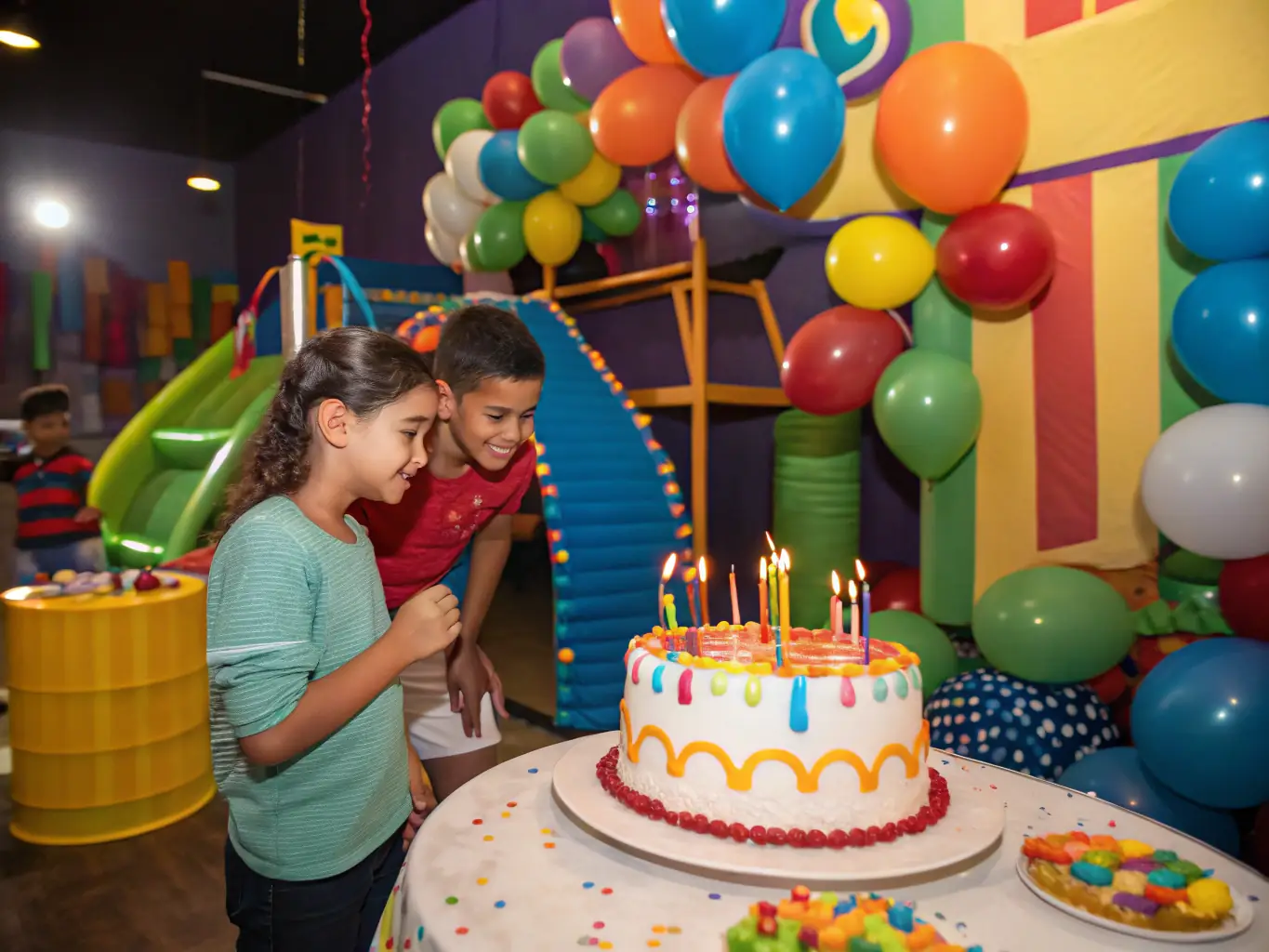 A photograph capturing a vibrant birthday party scene with colorful decorations, happy children, and family-friendly entertainment, showcasing Noble Event Designs' ability to create fun and memorable birthday celebrations.