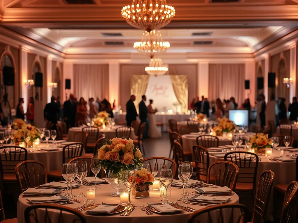 A beautifully decorated wedding reception with floral arrangements, elegant lighting, and happy guests, showcasing Noble Event Designs' expertise in creating memorable wedding experiences.